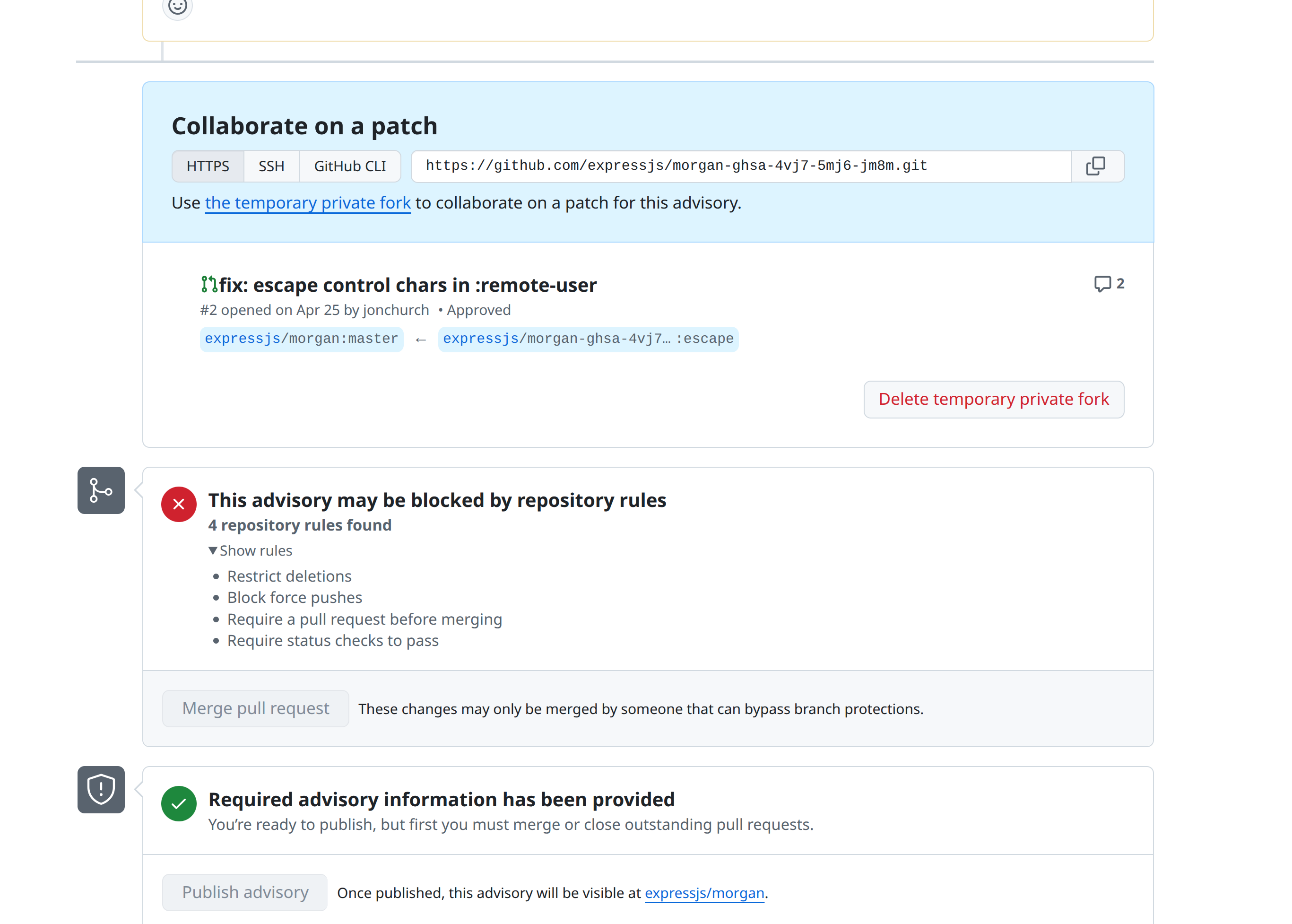 The GitHub security advisory view near publication: a temporary private fork with an approved pull request, a warning that the advisory may be blocked by repository rules (restrict deletions, block force pushes, require a pull request, require status checks) so the changes can only be merged by someone who can bypass branch protections, and a "Publish advisory" action noting that outstanding pull requests must first be merged or closed.