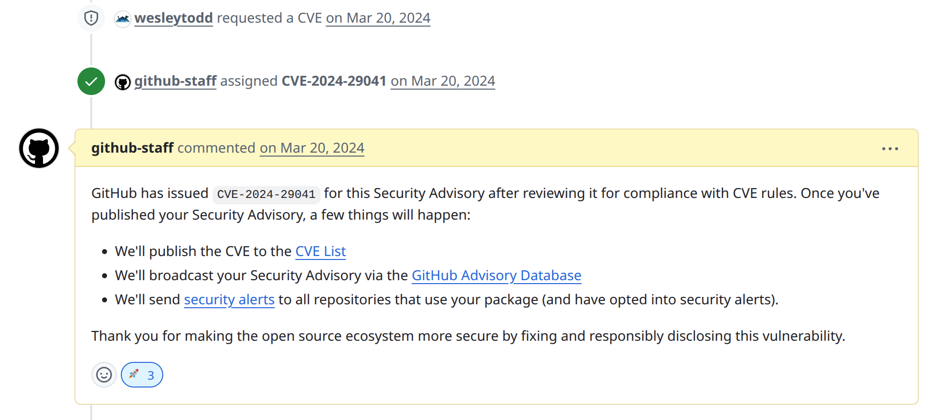 A GitHub security advisory timeline: a maintainer requests a CVE, github-staff assigns CVE-2024-29041, and a github-staff comment explains that once the advisory is published GitHub will publish the CVE to the CVE List, broadcast the advisory via the GitHub Advisory Database, and send security alerts to dependent repositories that have opted in.