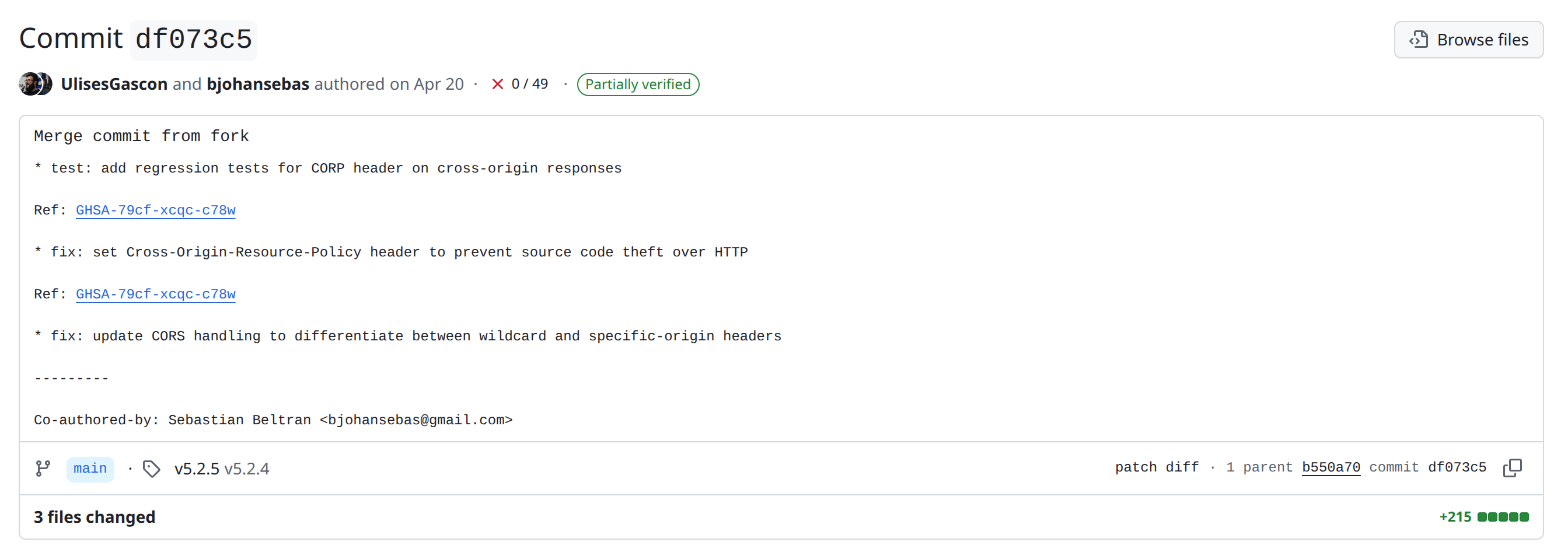 A merged commit titled "Merge commit from fork", whose body lists the original fork commits as bullet points (regression tests and fixes, each referencing the GHSA advisory) followed by a co-author line.