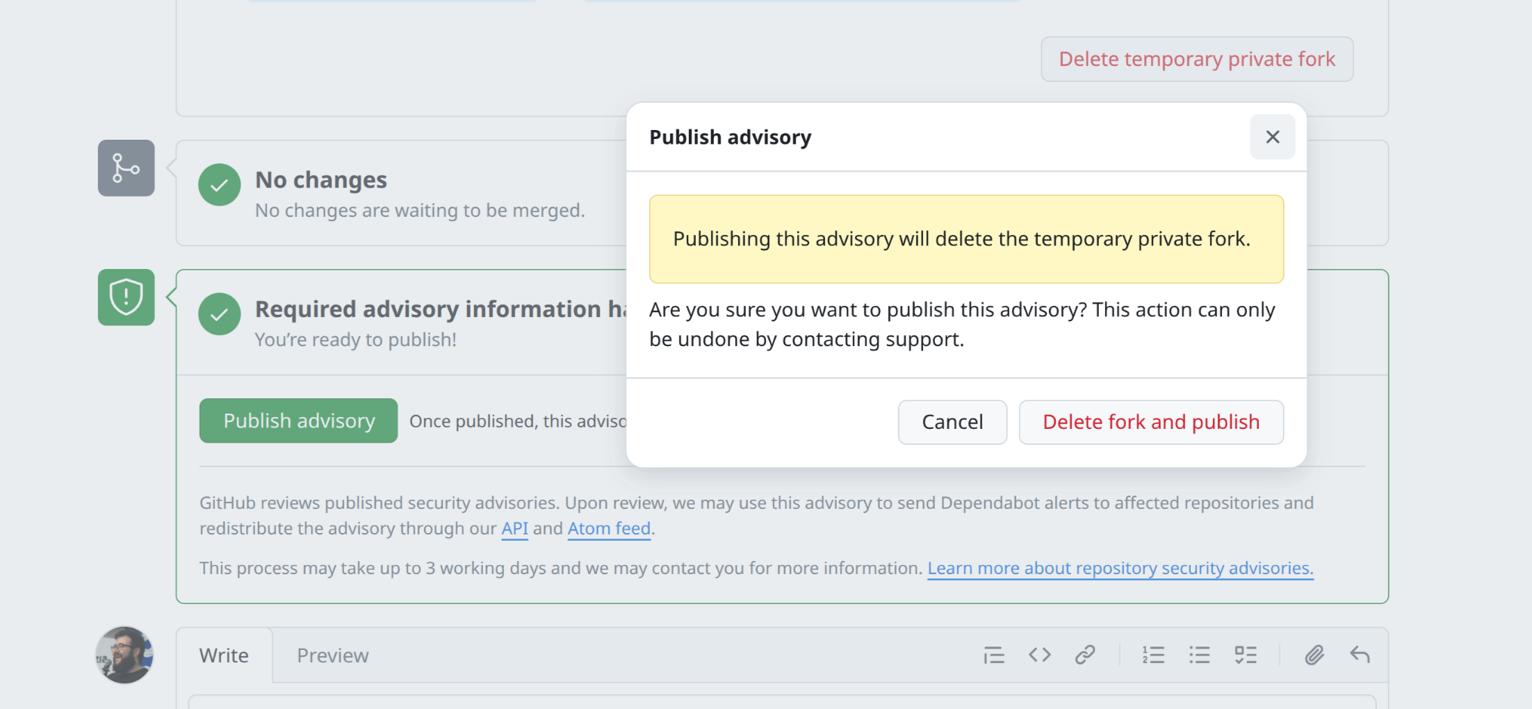 The "Publish advisory" confirmation dialog warning that publishing this advisory will delete the temporary private fork, with "Cancel" and "Delete fork and publish" buttons and a note that the action can only be undone by contacting support.